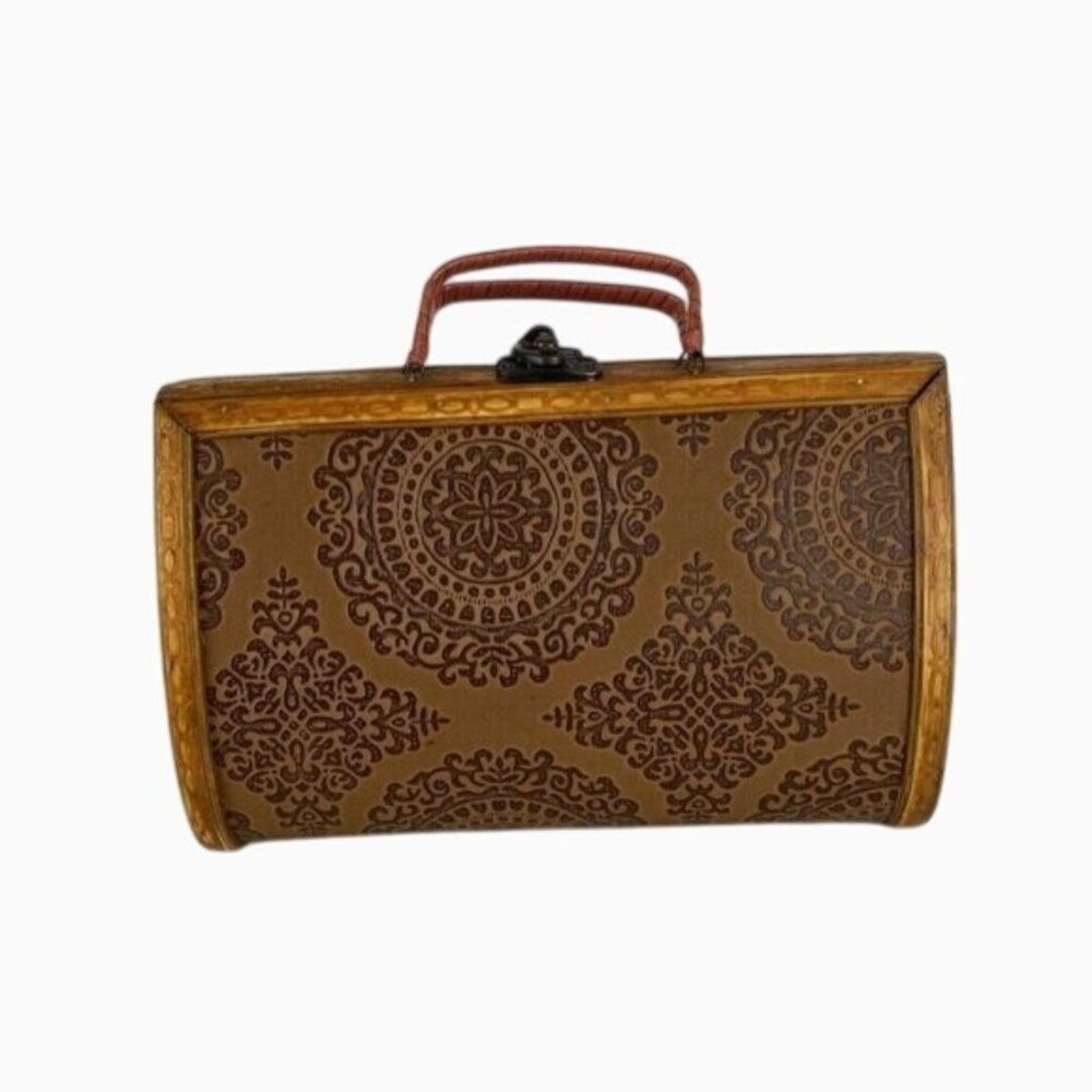Vintage Boho Wooden Trinket Box Handbag Embossed Floral Design Woven Handle